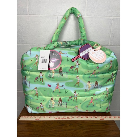 NWT Betsey Johnson Golf Tennis Print Puffer Large Travel Tote Bag Green Multi - Picture 7 of 13